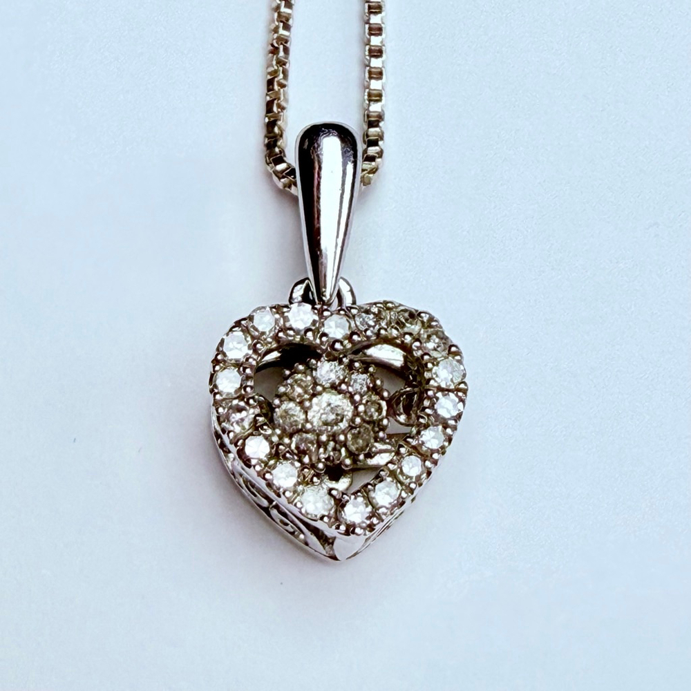 Genuine .30 CT Diamond Open Heart 925 Sterling Silver VTG Pendant Necklace OTC
